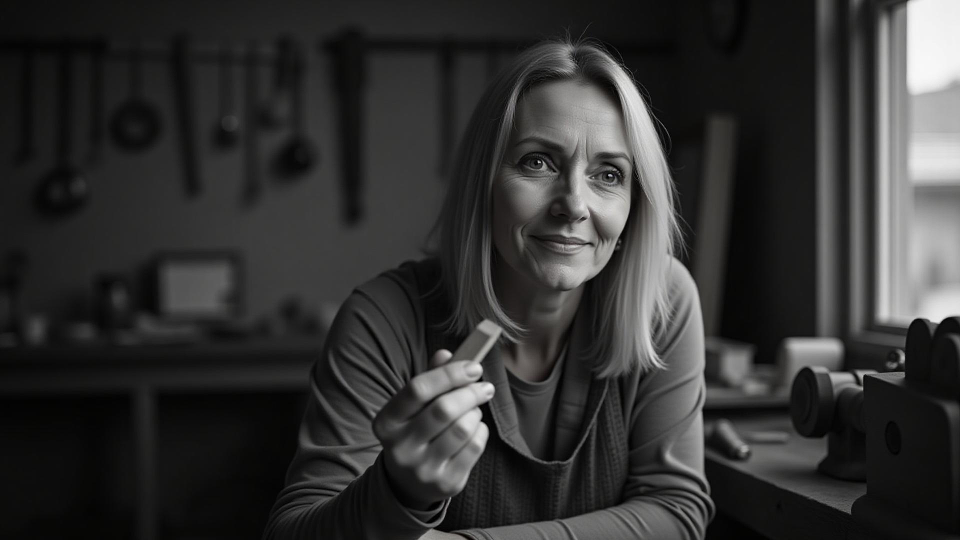 Black and white portrait of Phyllis J Dessoye, a master woodturner, thoughtfully observing a piece of wood in her workshop.