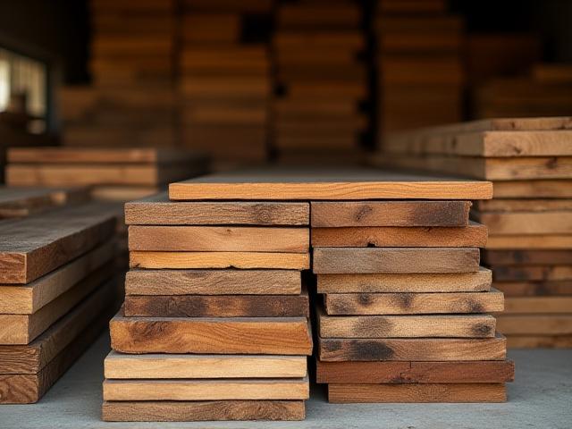 Stacks of various raw wood planks, different species and grains, waiting to be turned.