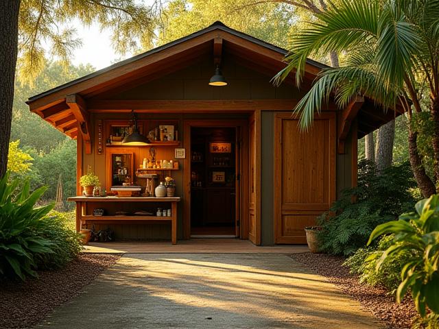 Exterior shot of a charming, rustic workshop building in Port Orange, Florida, with natural landscaping.