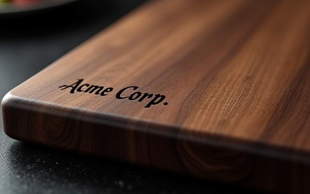 Elegant walnut serving board with subtle corporate logo engraving