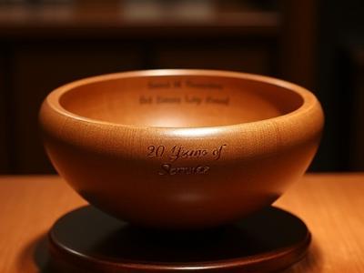 Hand-turned wooden bowl engraved with employee's name and years of service
