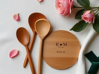 Curated wedding gift set with engraved wooden spoons and serving board
