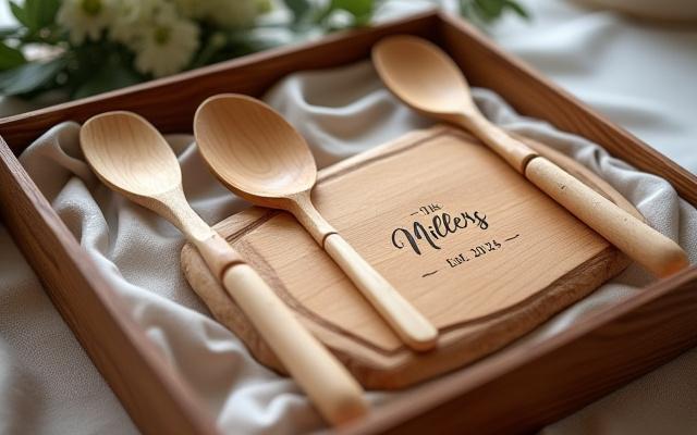 Beautifully arranged wedding gift box with engraved wooden utensils and serving board