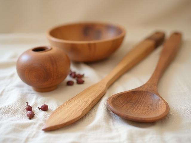 A collection of various Phyllis J Dessoye heirloom kitchen tools, including a spatula, spoon, and small bowl.