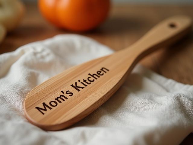 A cherry wood spatula with a custom engraving on the handle, presented as a gift.