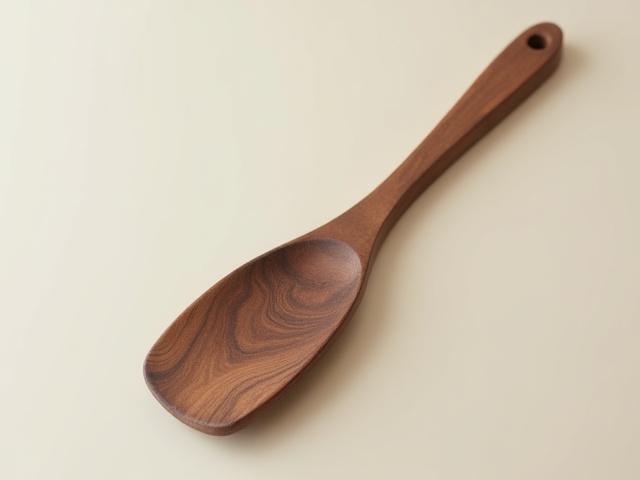 A hand-turned walnut wood spatula, highlighting its rich, dark chocolate hues and complex grain patterns.