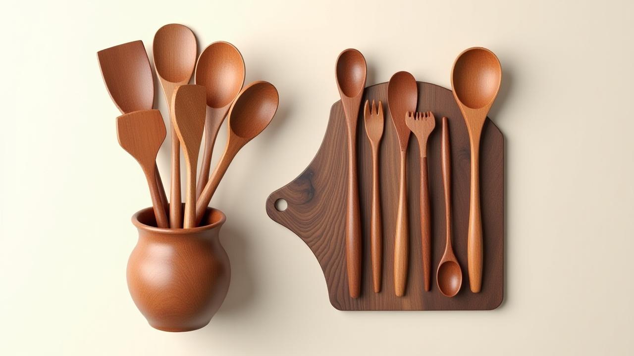 A beautifully arranged set of 5-6 matching wooden utensils in a custom crock
