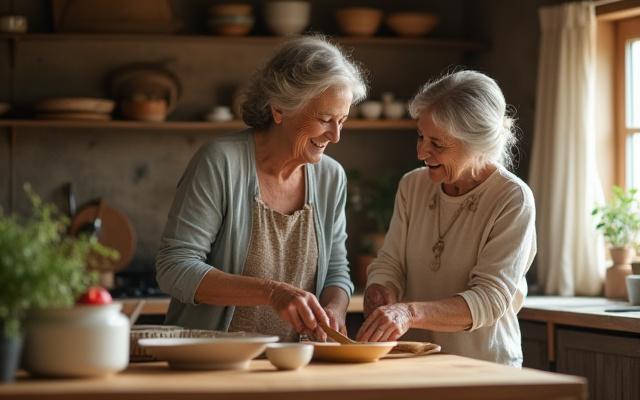An older, candid photo of a family cooking together in a warm kitchen