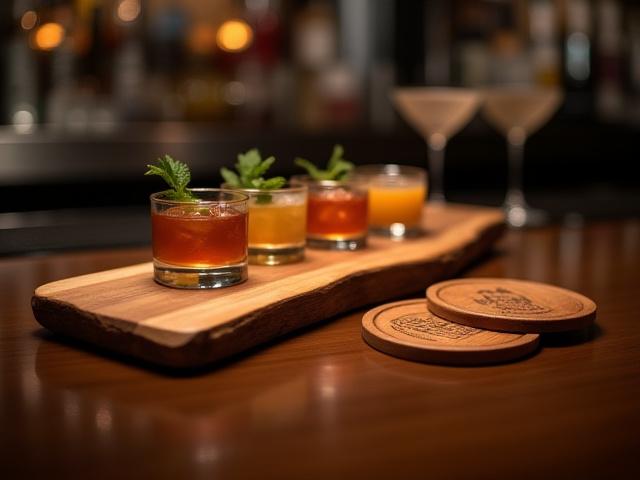 Branded serving boards and coasters for bar and restaurant.