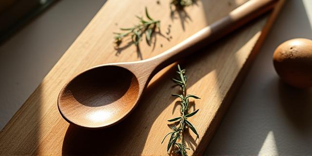 Rich walnut wood cooking spoon resting on a rustic wooden board