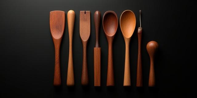 Collection of ergonomic wooden kitchen tools neatly arranged