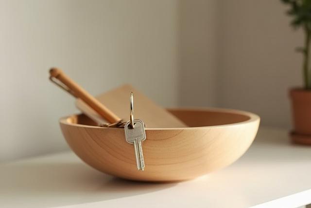 Medium wooden bowl on an entryway console table, holding keys, mail, and other small items.