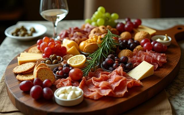 Serving board used for an elaborate charcuterie spread