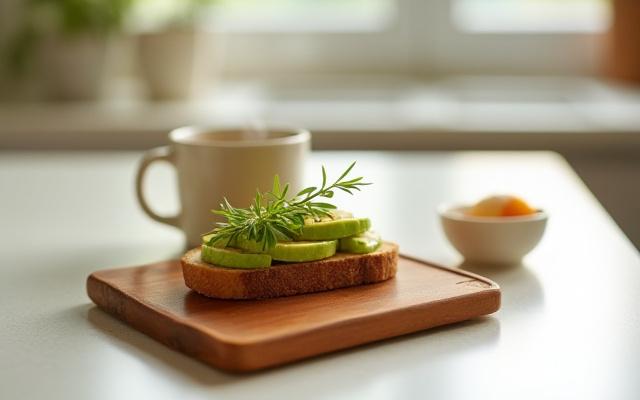 Small serving board used for morning toast and avocado