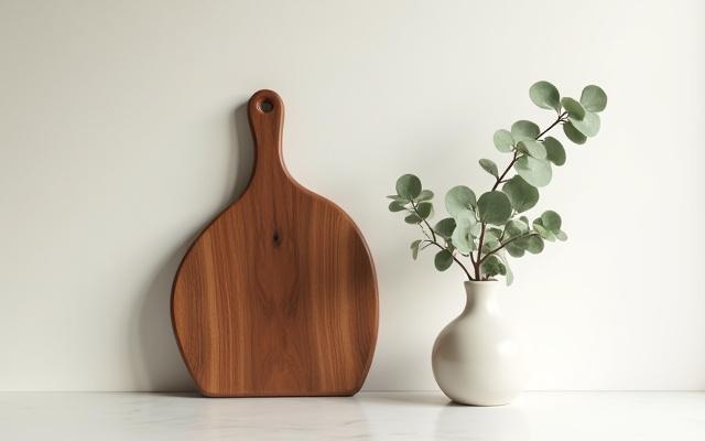 Serving board leaning against a kitchen backsplash as a decorative accent