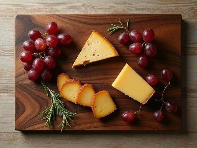 An elegant Walnut Serving Board featuring a rich grain, presented with cheeses and fruit.