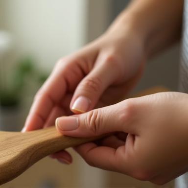 Close-up of a hand gently holding a smooth wooden spoon, emphasizing the ergonomic handle.