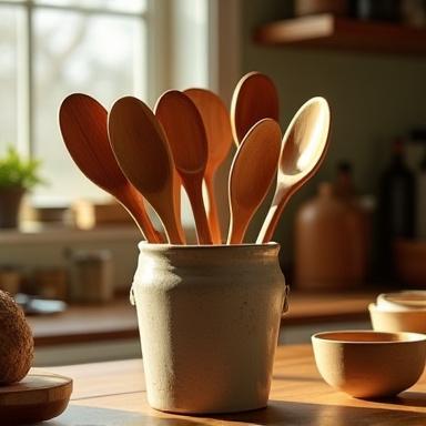 Assortment of wooden spoons in a rustic ceramic utensil crock on a kitchen counter.