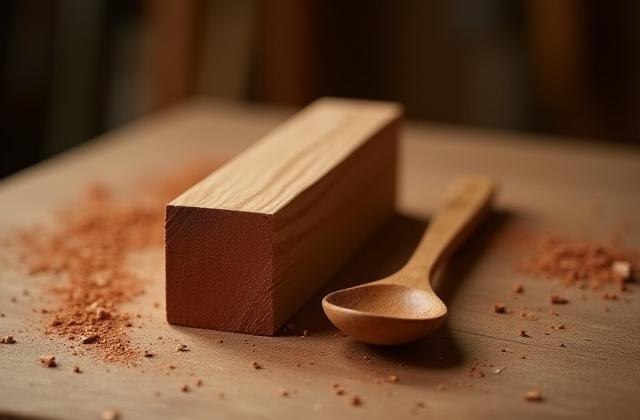 A raw block of cherry wood sits beside a beautifully finished, hand-turned wooden spoon, illustrating the transformation from natural material to functional art.