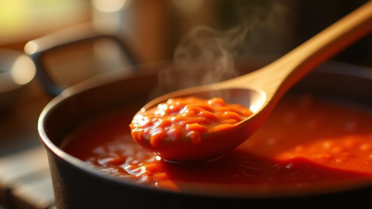 A finely hand-turned wooden spoon stirring a rich, vibrant red sauce in a rustic pot, highlighting the spoon's ergonomic design and food-safe finish.